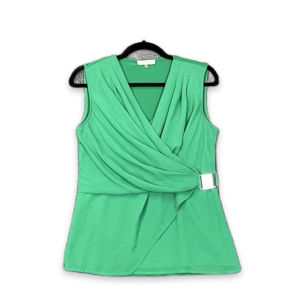 Calvin Klein Wrap Top Womens S Green Draped Front Buckle Detail Classic Career